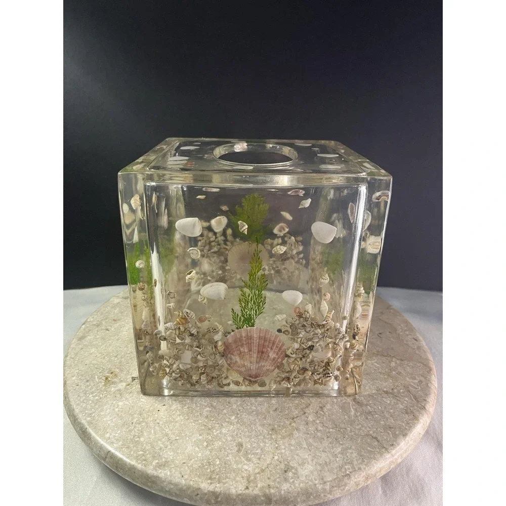 1970's Lucite Acrylic Tissue Box Cover Holder Embedded 6x6Sea Shells Beach Theme